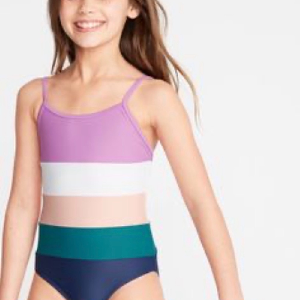 Colorblock Girls' One-Piece Swimsuit in Lavender, White, Blush, Teal & Navy